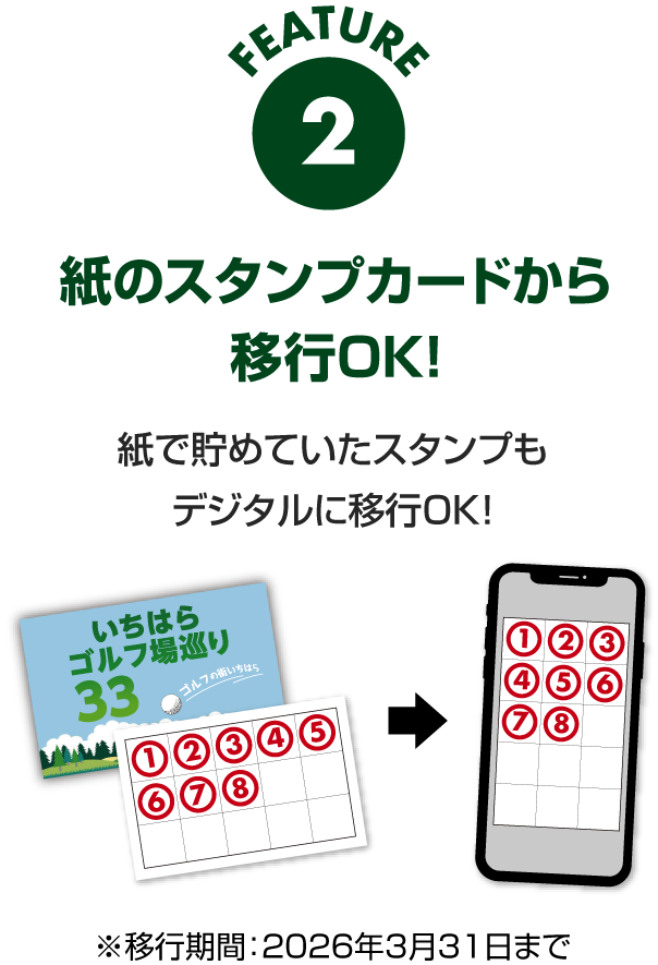 【FEATURE 2】紙のスタンプカードから移行OK！紙で貯めていたスタンプもデジタルに移行OK！※移行期間：2026年3月31日まで